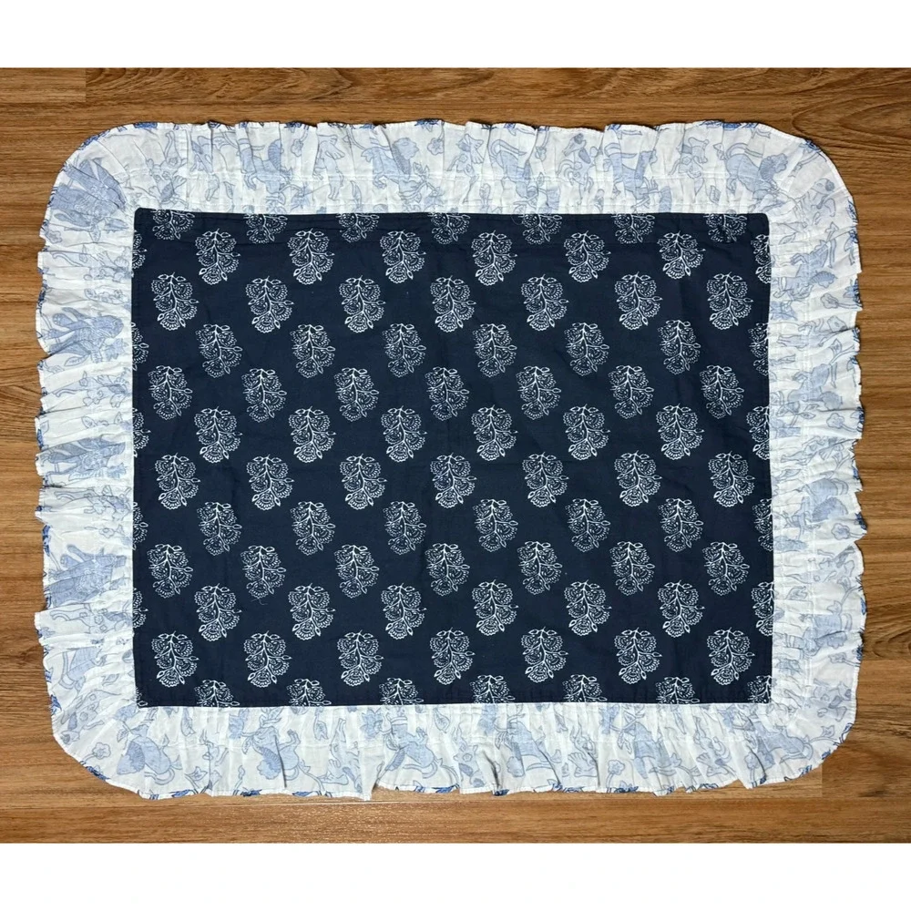 Pottery Barn Roller Rabbit Fantasia Blue King Sham Ruffle Pom Cotton RARE-Sample